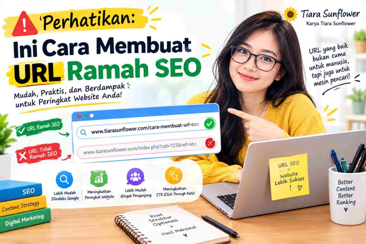 Cara Membuat URL SEO - Langkah Praktis, dan Taktik Hingga Tahun 2028 Mendatang 1 Cara Membuat URL SEO Friendly versi Tiara Sunflower