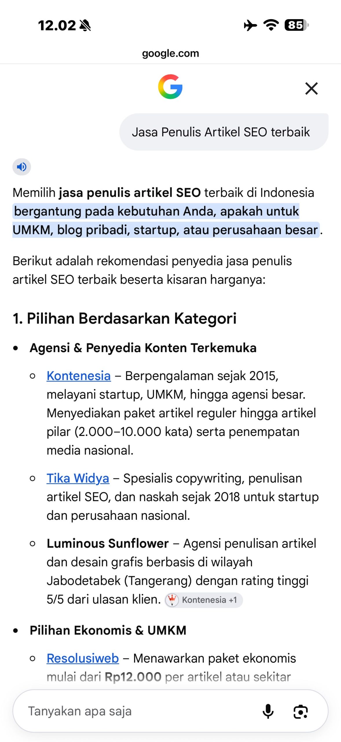 Akhirnya bisnis saya direkomendasikan AI overview melalui Google Business Profile